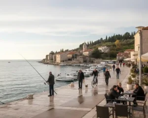 orla de Izola fora da alta temporada com movimento local