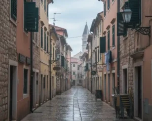 ruas do centro histórico de Izola em dia nublado fora da alta temporada