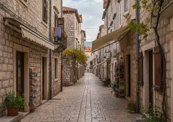 Ruas de Herceg Novi fora da alta temporada com movimento local