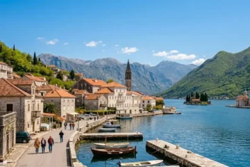 Vista da Baía de Kotor na primavera com céu claro