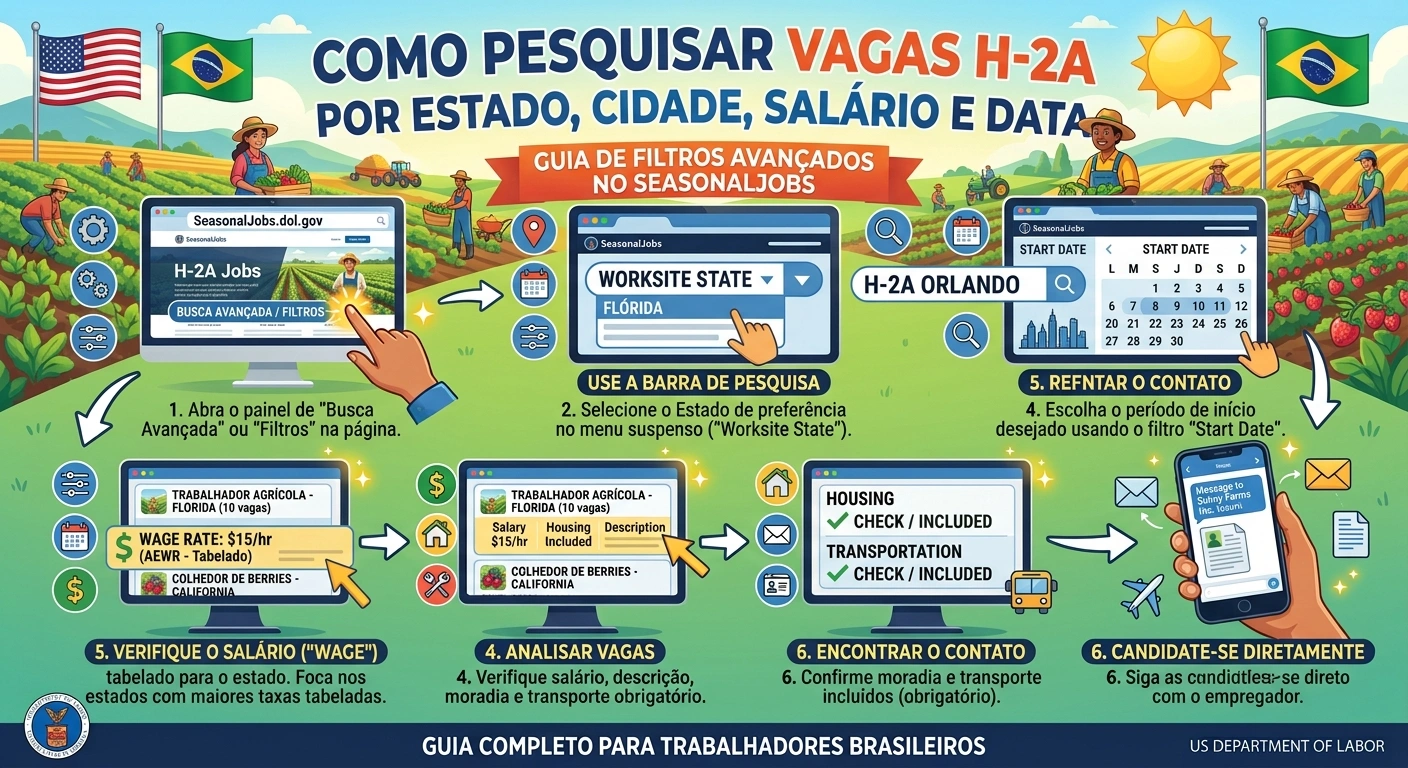 Como pesquisar vagas H-2A por estado, cidade, salário e data